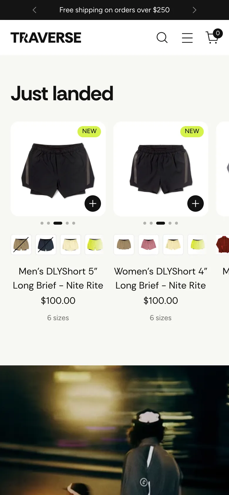 Traverse ‘Just landed’ product cards with colour swatches and quick add, on a phone