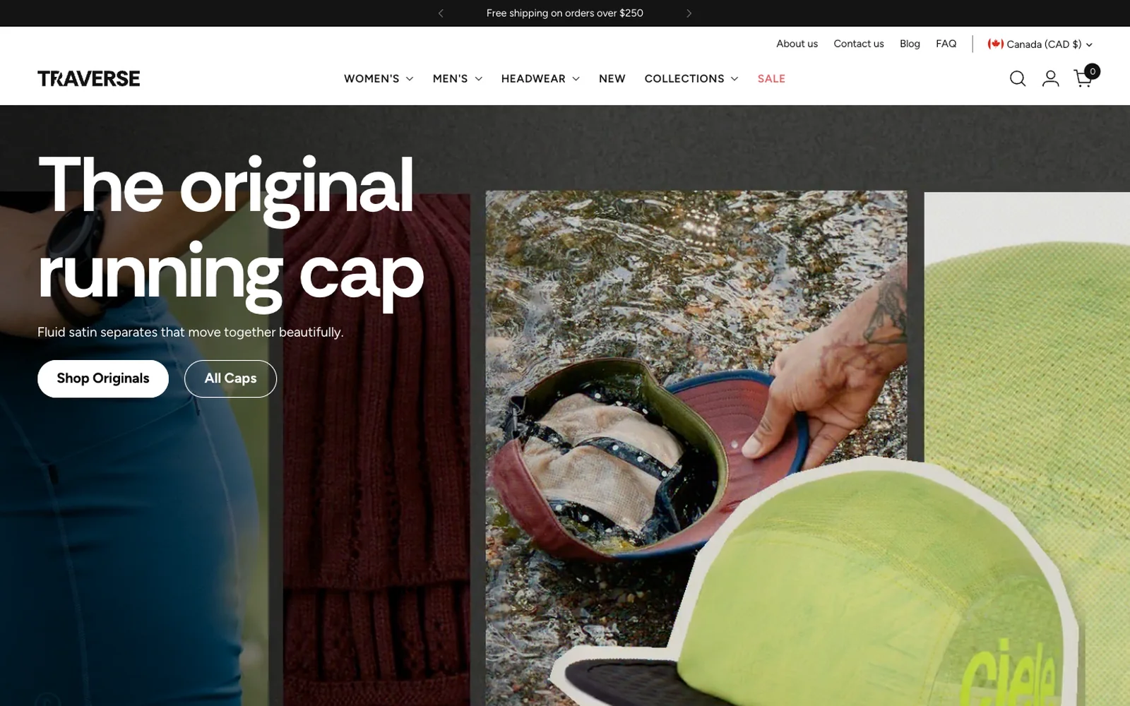 Traverse home page: ‘The original running cap’ over a collage of running caps
