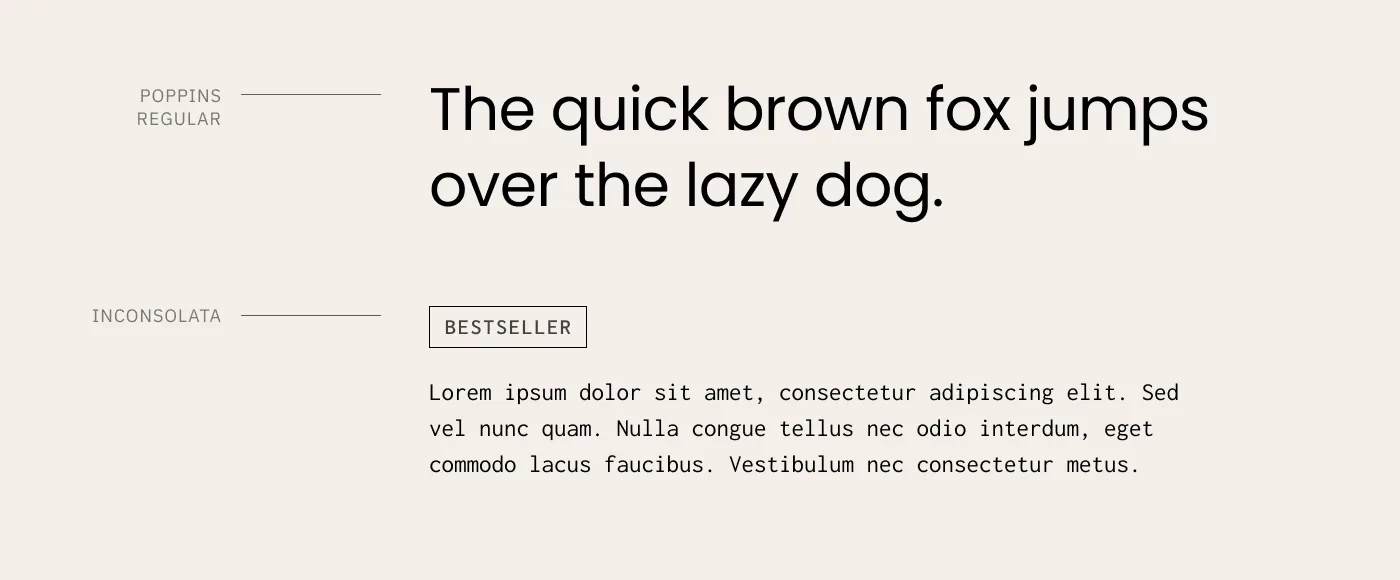 Type specimen pairing Poppins Regular headings with Inconsolata body text