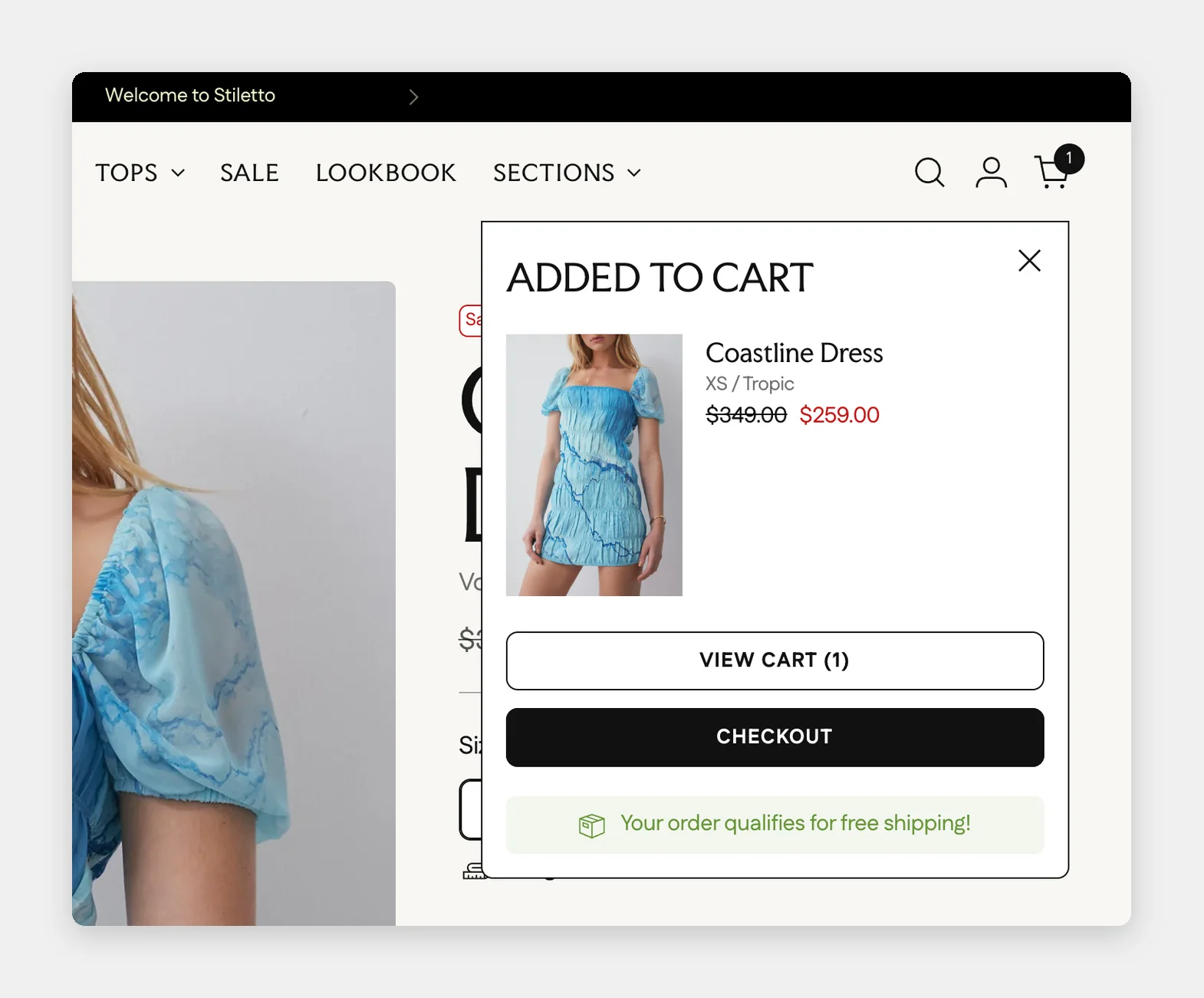 Add-to-cart popup confirming an item was added in the Stiletto theme