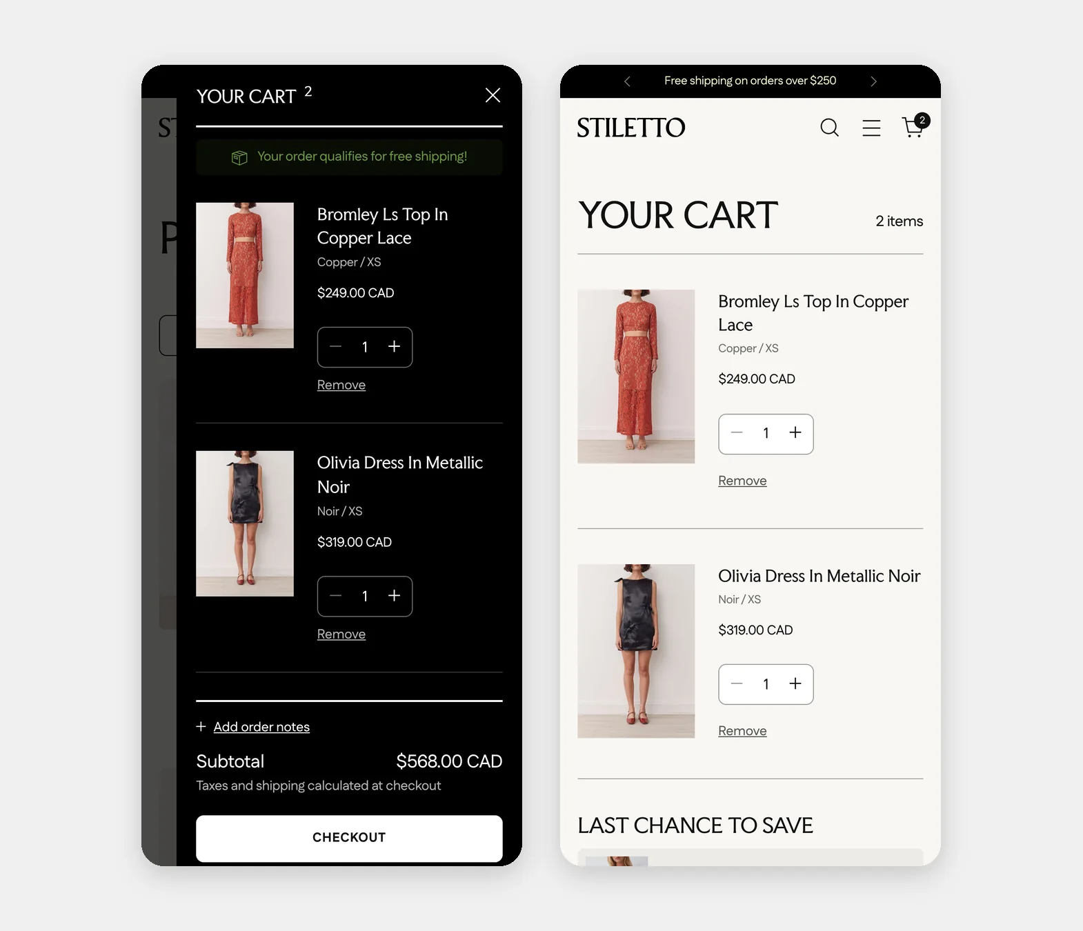 Cart drawer and cart page layouts