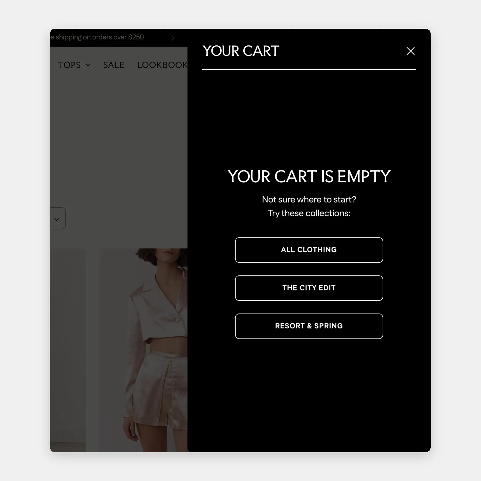 Empty cart showing links to popular collections