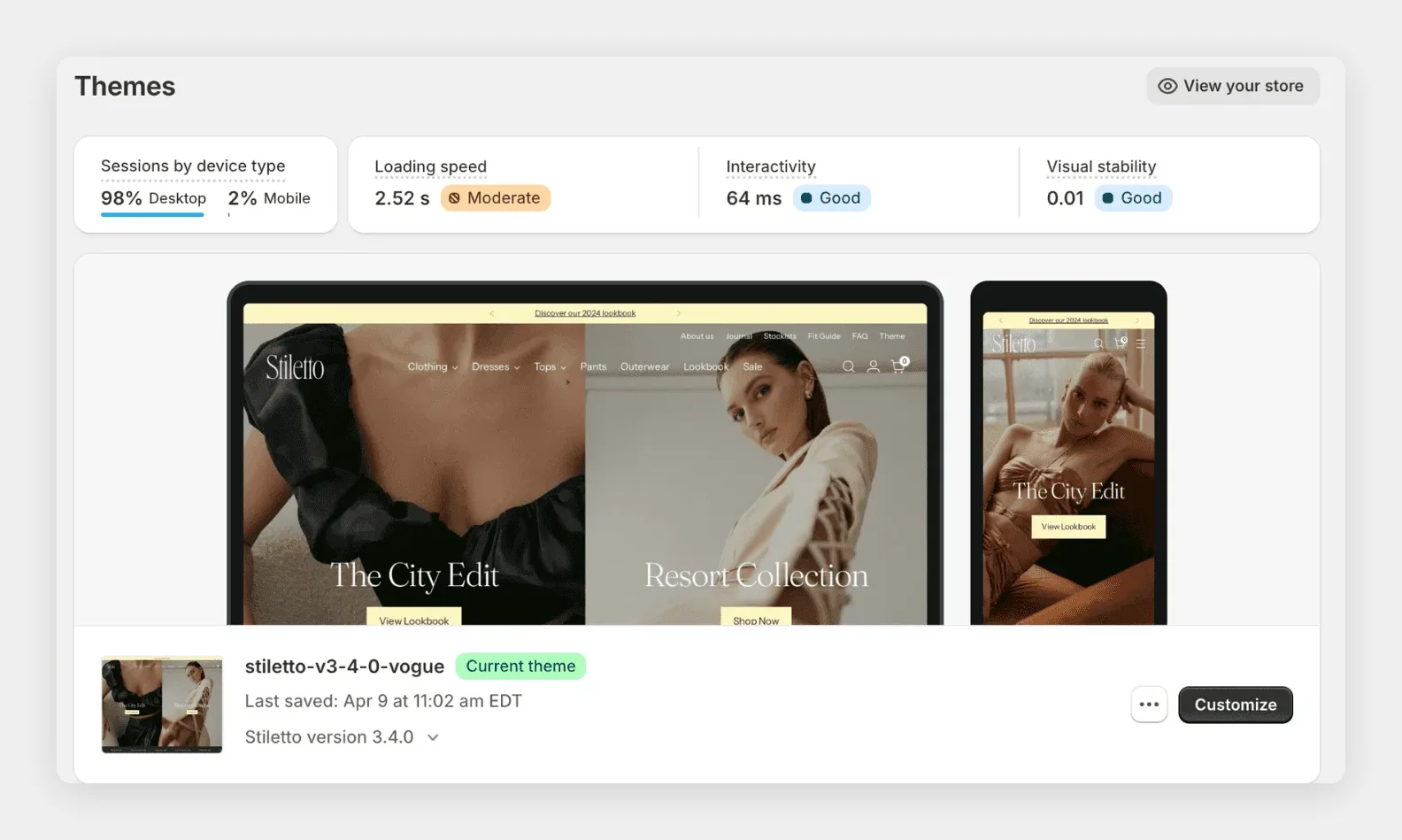 Web Performance metrics on the Themes page of the Shopify admin
