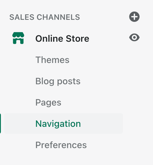 Navigation under Online Store in Shopify Admin