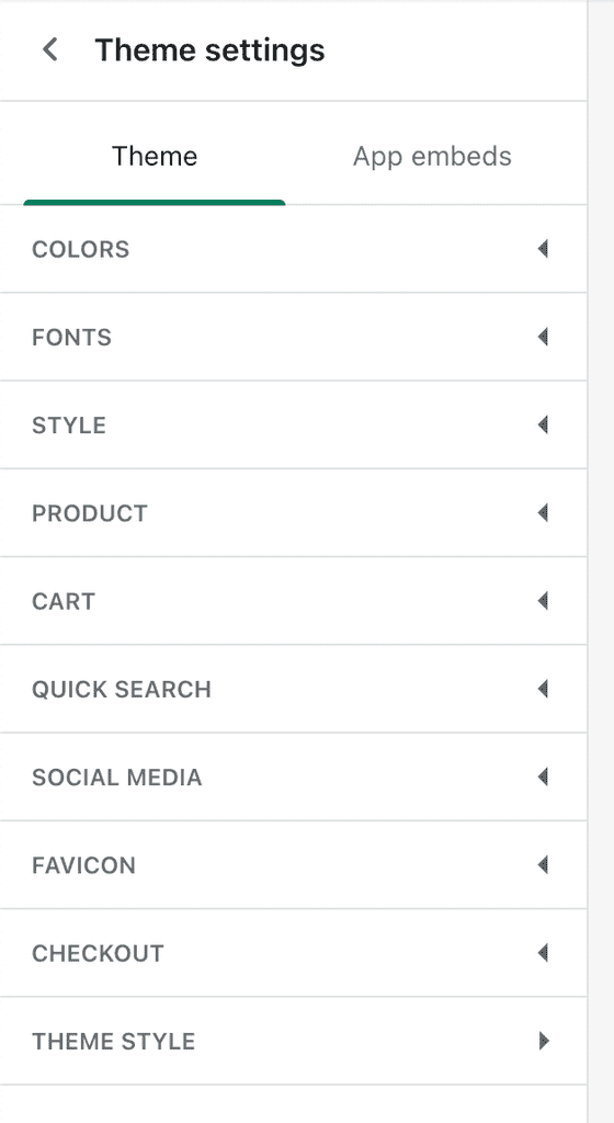 Theme settings list in Spark