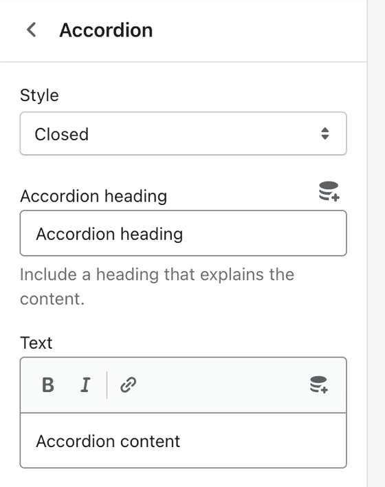 Accordion block settings