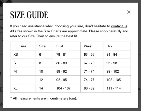 Information popup for "Size guide"