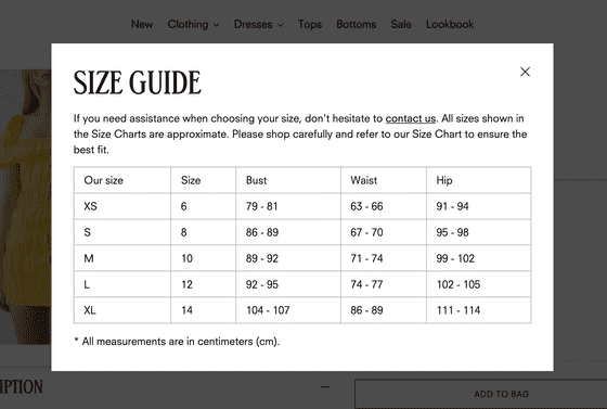 Info Popup for a size guide