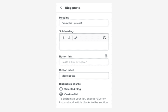 Blog posts section settings