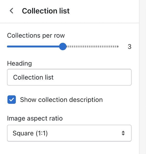 Collection list section settings