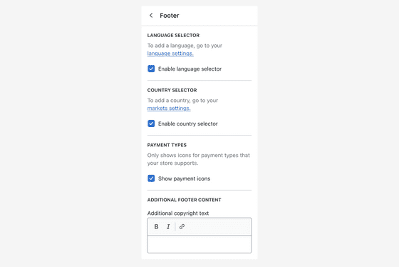 Footer section settings