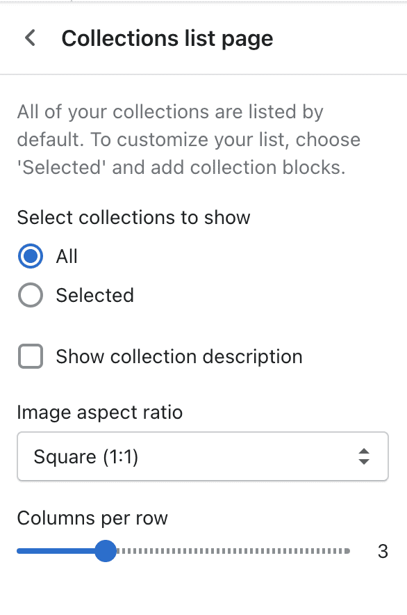 Collection list page settings