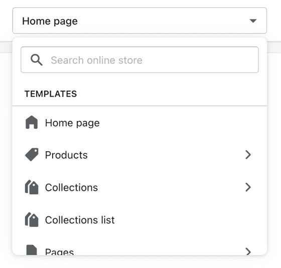 Drop-down menu with page types listed