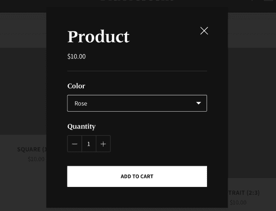 Popup modal with variant and quantity selectors