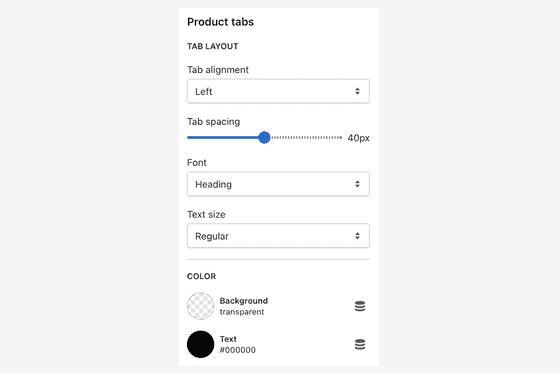 Product tabs section settings
