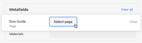 Select page button in metafields section
